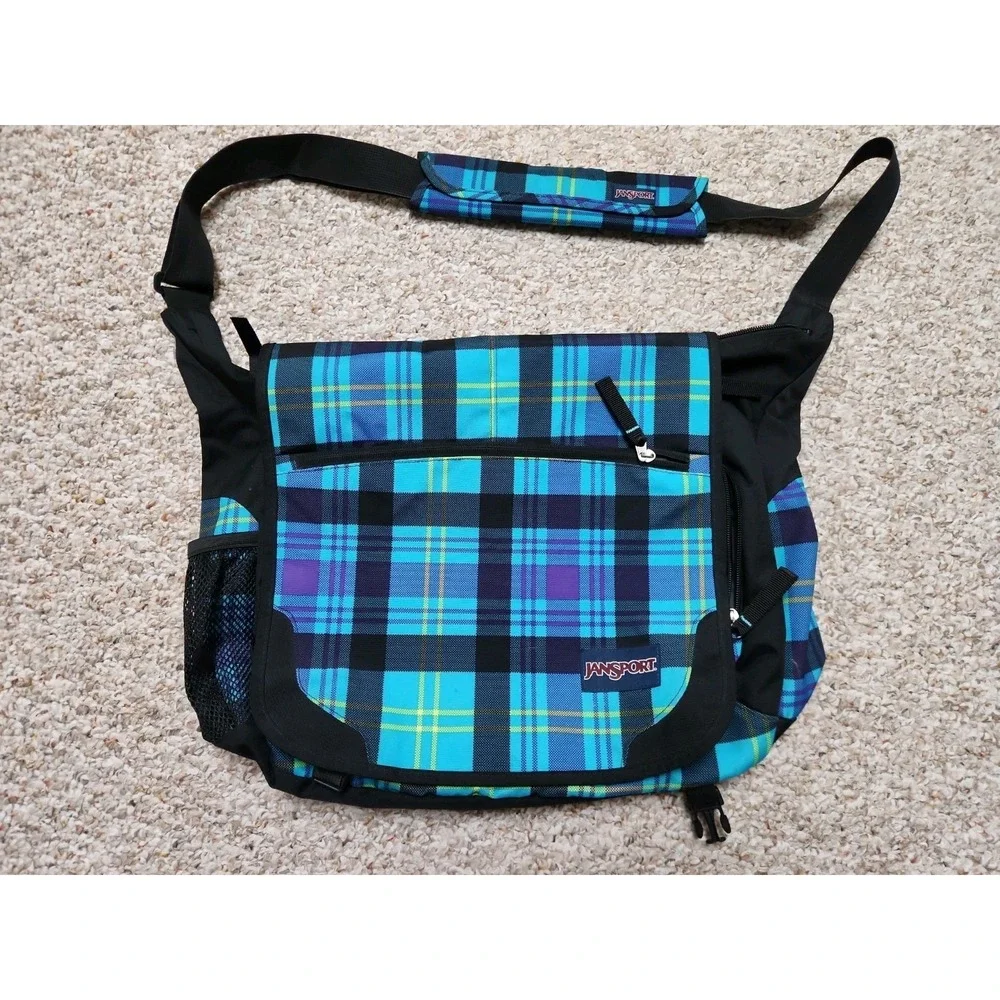JanSport TB500313 TNXO Messenger Bag Cross Bag Teal Black Plaid Multiple Pockets